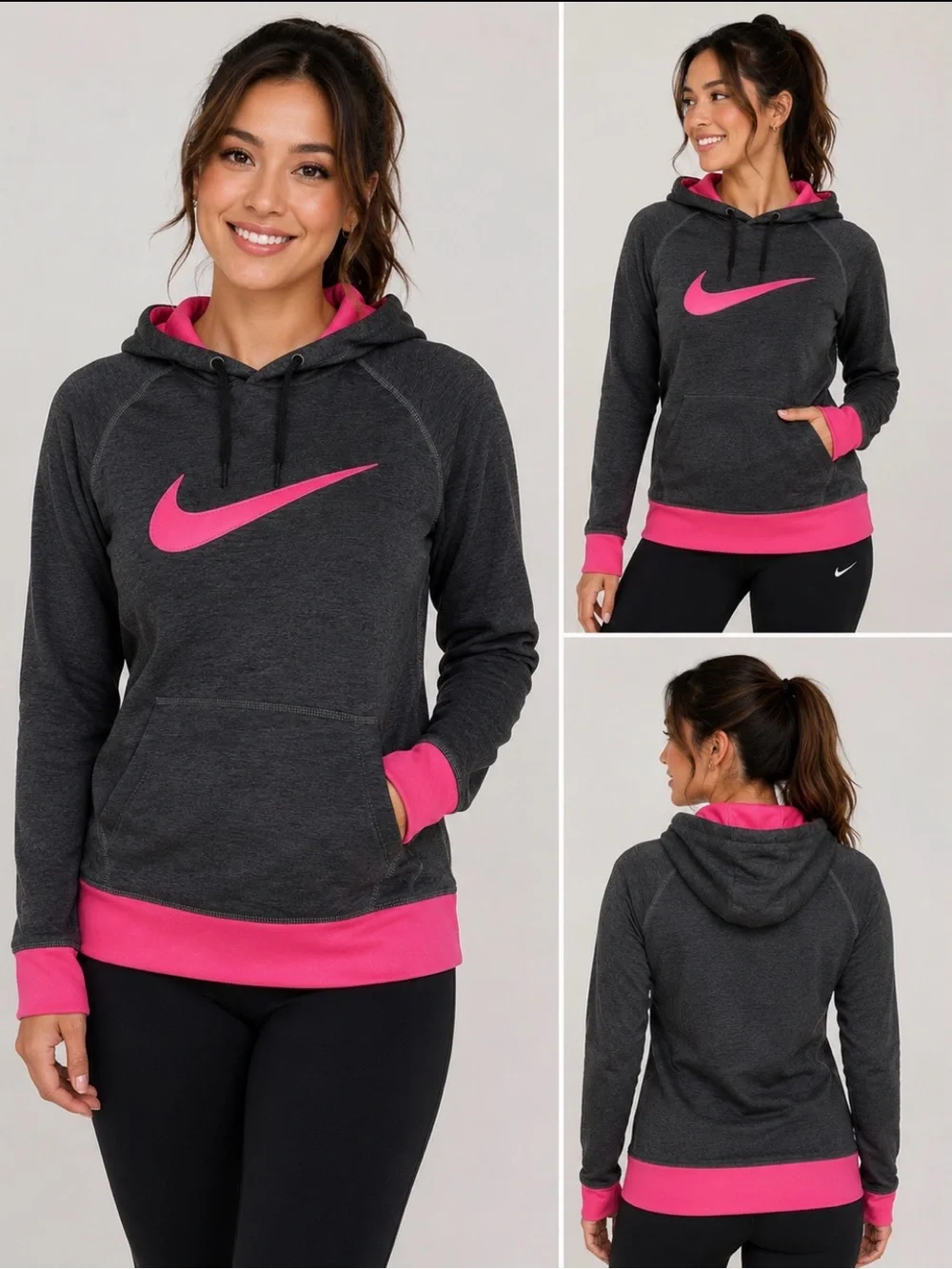Nike Charcoal Hoodie with Pink Swoosh and Trim